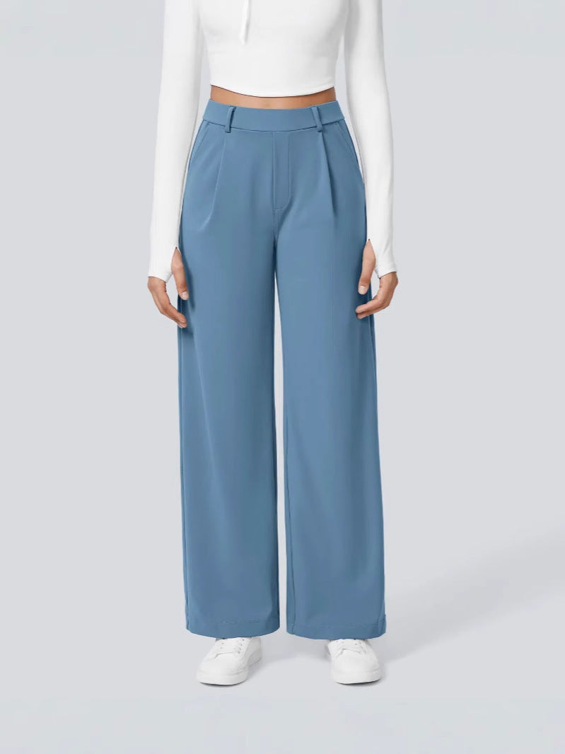 Pantalon Flex taille haute coupe droite, coloris Bleu canard